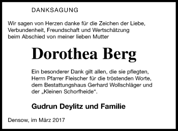 Traueranzeige von Dorothea Berg von Templiner Zeitung