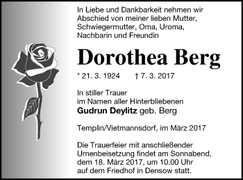 Traueranzeige von Dorothea Berg von Templiner Zeitung