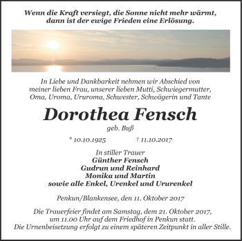 Traueranzeige von Dorothea Fensch von Pasewalker Zeitung