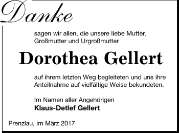 Traueranzeige von Dorothea Gellert von Prenzlauer Zeitung