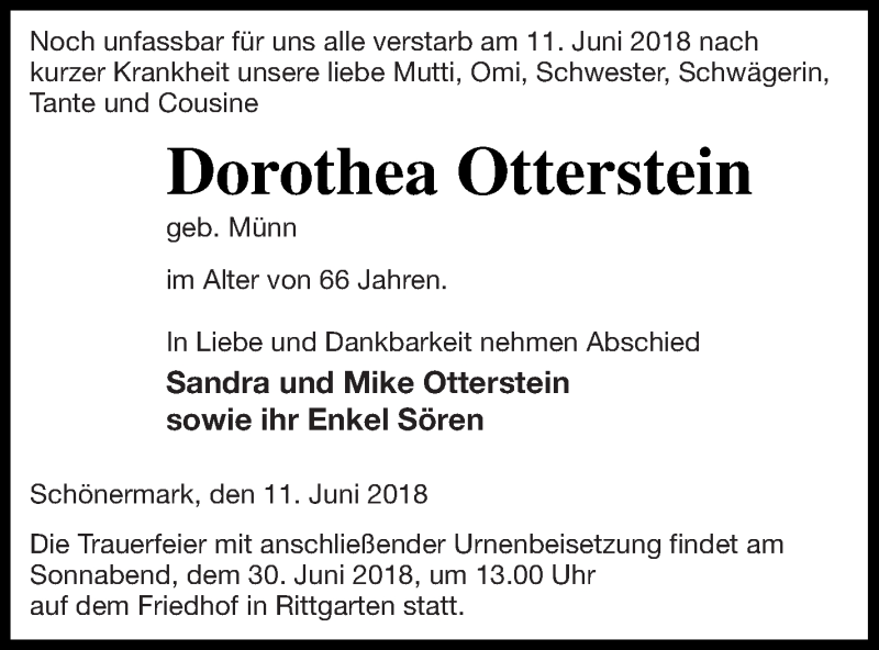  Traueranzeige für Dorothea Otterstein vom 15.06.2018 aus Prenzlauer Zeitung