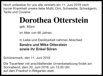 Traueranzeige von Dorothea Otterstein von Prenzlauer Zeitung