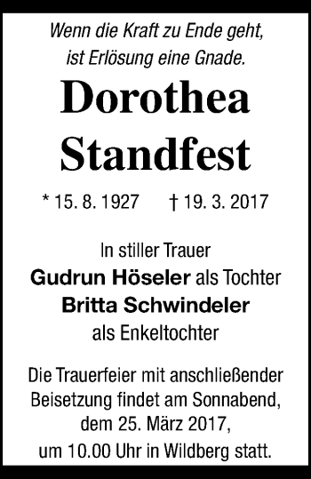 Traueranzeige von Dorothea Standfest von Neubrandenburger Zeitung