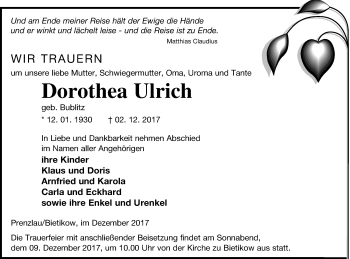 Traueranzeige von Dorothea Ulrich von Prenzlauer Zeitung