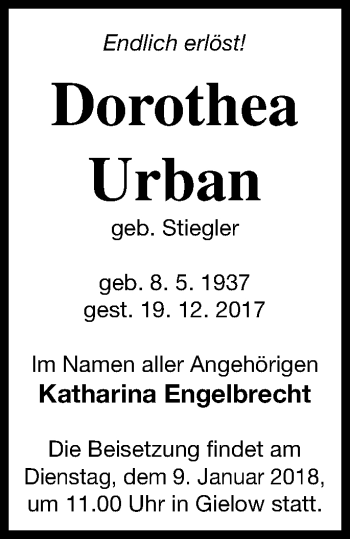 Traueranzeige von Dorothea Urban von Mecklenburger Schweiz