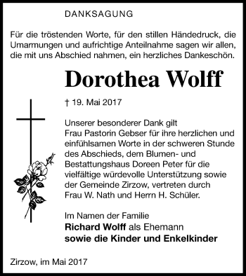 Traueranzeige von Dorothea Wolff von Neubrandenburger Zeitung