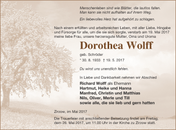 Traueranzeige von Dorothea Wolff von Neubrandenburger Zeitung