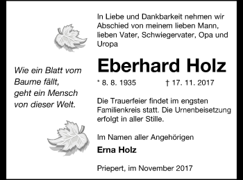 Traueranzeige von Eberhard Holz von Strelitzer Zeitung