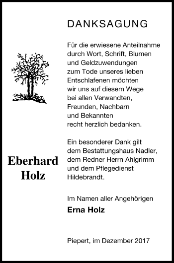 Traueranzeige von Eberhard Holz von Strelitzer Zeitung