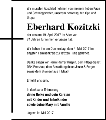 Traueranzeige von Eberhard Kozitzki von Pasewalker Zeitung