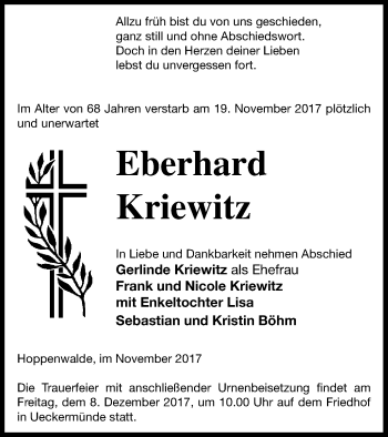 Traueranzeige von Eberhard Kriewitz von Haff-Zeitung