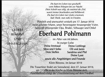 Traueranzeige von Eberhard Pohlmann von Vorpommern Kurier