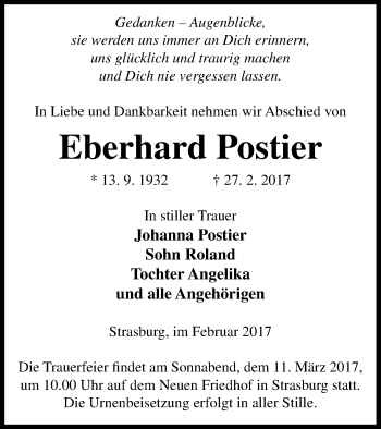 Traueranzeige von Eberhard Postier von Pasewalker Zeitung