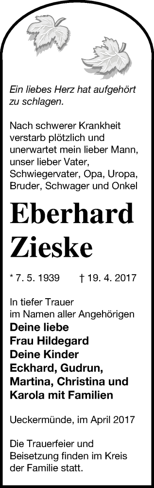 Traueranzeige von Eberhard Zieske von Haff-Zeitung