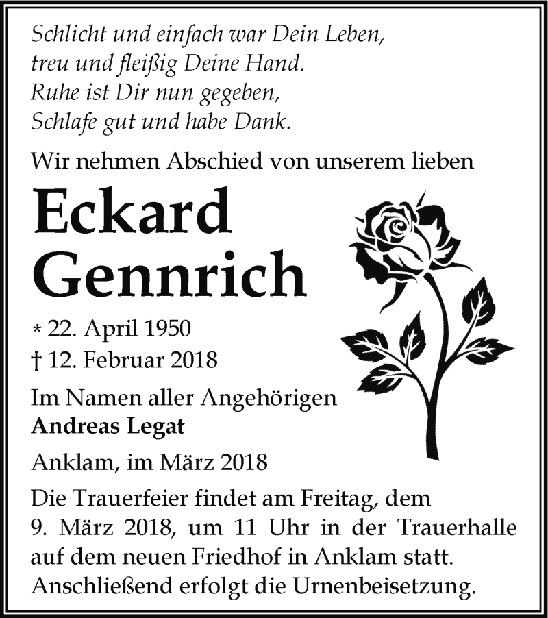  Traueranzeige für Eckard Gennrich vom 03.03.2018 aus Vorpommern Kurier