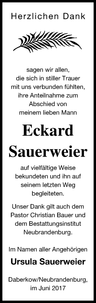 Traueranzeige von Eckard Sauerweier von Vorpommern Kurier