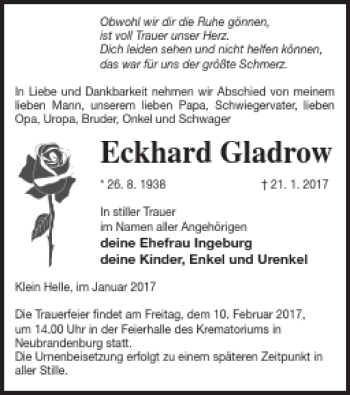 Traueranzeige von Eckhard Gladrow von Neubrandenburger Zeitung