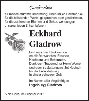 Traueranzeige von Eckhard Gladrow von Neubrandenburger Zeitung