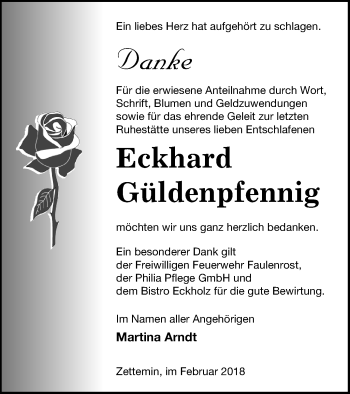 Traueranzeige von Eckhard Güldenpfennig von Mecklenburger Schweiz