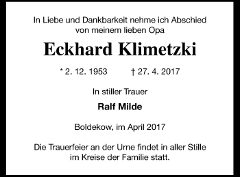 Traueranzeige von Eckhard Klimetzki von Vorpommern Kurier