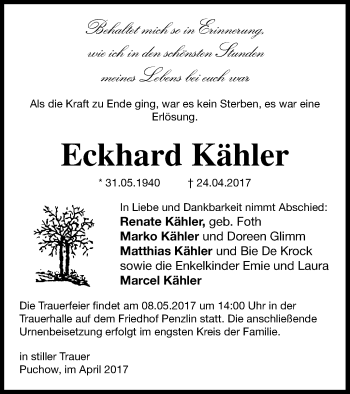 Traueranzeige von Eckhard Kähler von Müritz-Zeitung