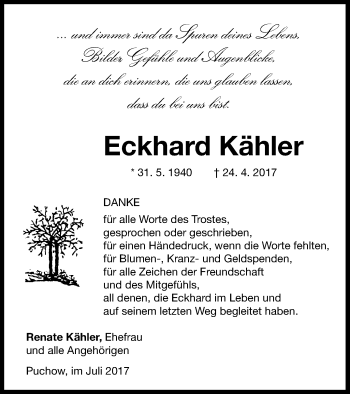 Traueranzeige von Eckhard Kähler von Müritz-Zeitung