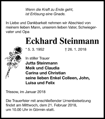 Traueranzeige von Eckhard Steinmann von Vorpommern Kurier