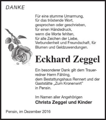 Traueranzeige von Eckhard Zeggel von Demminer Zeitung