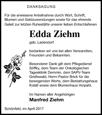 Traueranzeige von Edda Ziehm von Demminer Zeitung