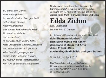 Traueranzeige von Edda Ziehm von Demminer Zeitung