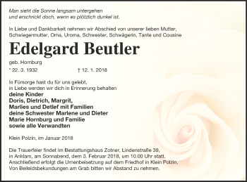 Traueranzeige von Edelgard Beutler von Vorpommern Kurier