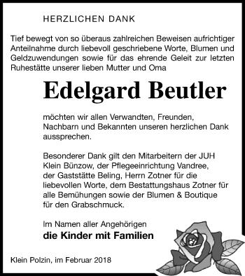 Traueranzeige von Edelgard Beutler von Vorpommern Kurier