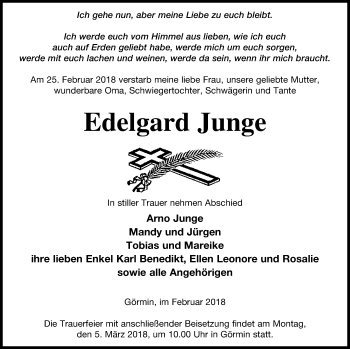 Traueranzeige von Edelgard Junge von Vorpommern Kurier