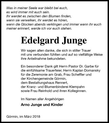 Traueranzeige von Edelgard Junge von Vorpommern Kurier