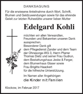 Traueranzeige von Edelgard Kohli von Prenzlauer Zeitung