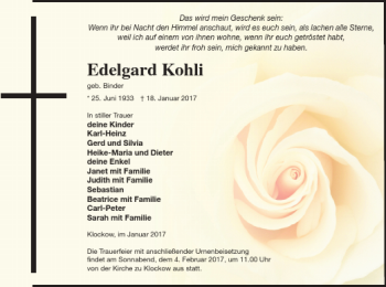 Traueranzeige von Edelgard Kohli von Prenzlauer Zeitung