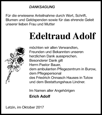 Traueranzeige von Edeltraud Adolf von Neubrandenburger Zeitung