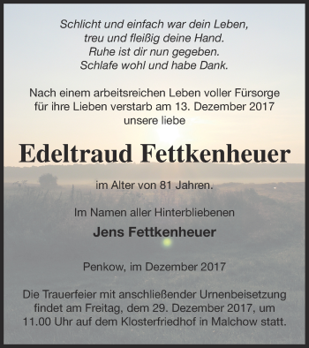 Traueranzeige von Edeltraud Fettkenheuer von Müritz-Zeitung