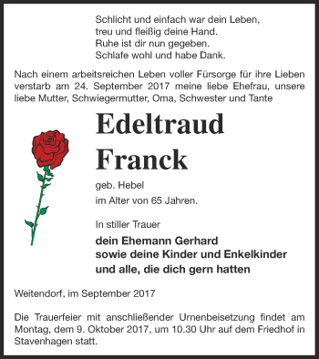 Traueranzeige von Edeltraud Frank von Mecklenburger Schweiz