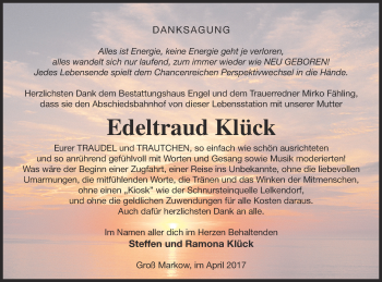 Traueranzeige von Edeltraud Klück von Mecklenburger Schweiz