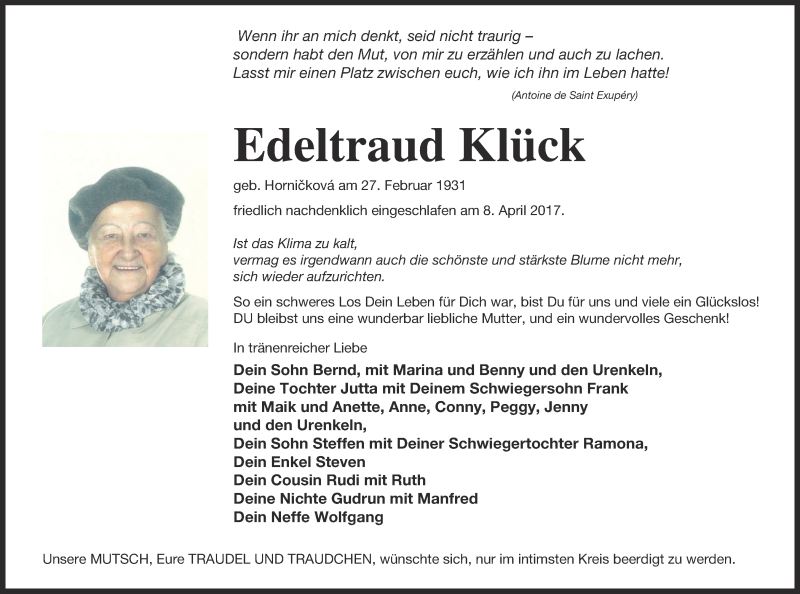  Traueranzeige für Edeltraud Klück vom 12.04.2017 aus Mecklenburger Schweiz