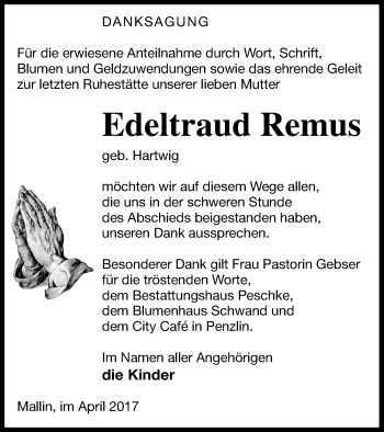 Traueranzeige von Edeltraud Remus von Müritz-Zeitung