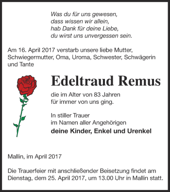 Traueranzeige von Edeltraud Remus von Müritz-Zeitung