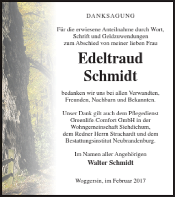 Traueranzeige von Edeltraud Schmidt von Neubrandenburger Zeitung