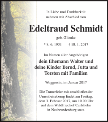 Traueranzeige von Edeltraud Schmidt von Neubrandenburger Zeitung