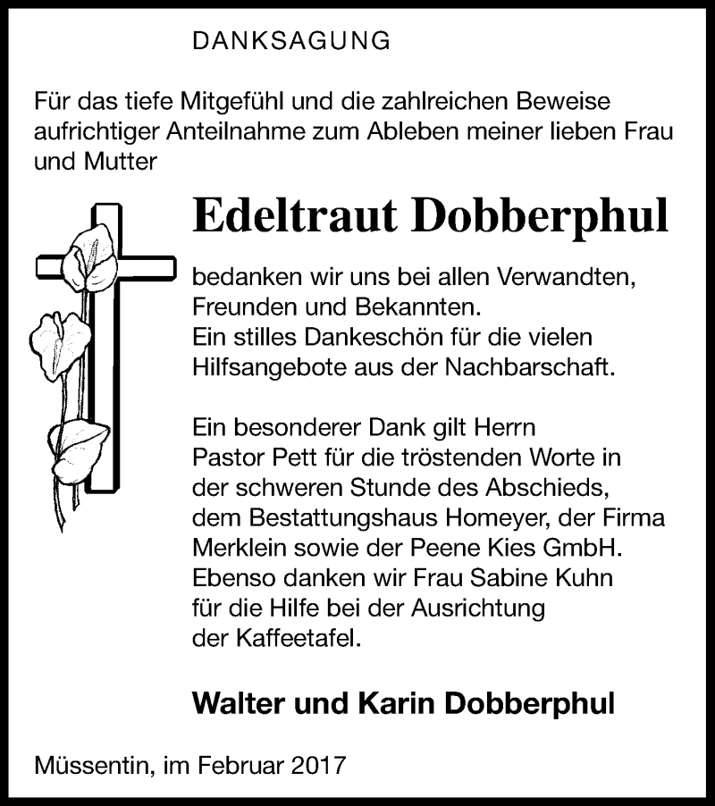  Traueranzeige für Edeltraut Dobberphul vom 03.03.2017 aus Vorpommern Kurier