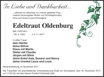 Traueranzeige von Edeltraut Oldenburg von Neubrandenburger Zeitung