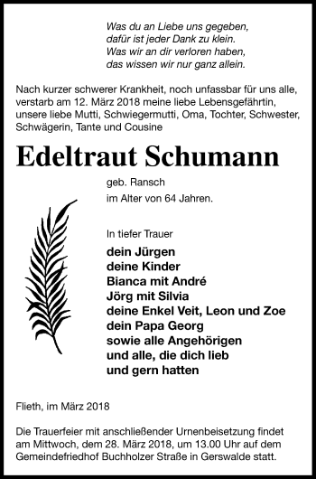 Traueranzeige von Edeltraut Schumann von Templiner Zeitung