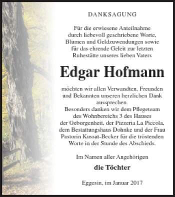 Traueranzeige von Edgar Hofmann von Haff-Zeitung