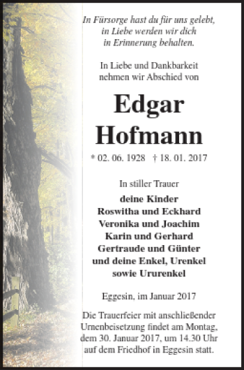 Traueranzeige von Edgar Hofmann von Haff-Zeitung